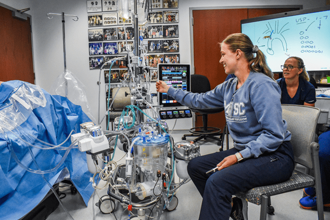 student demonstrates perfusion equipment in an academic lab