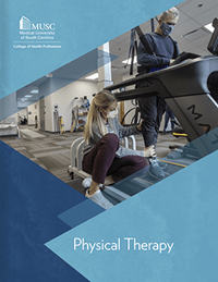 brochure cover image of man on treadmill and physical therapist assisting with walking gait