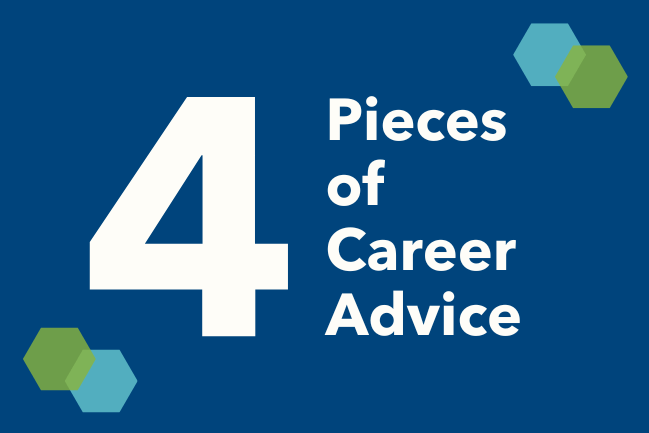 Four pieces of career advice on blue background with white text