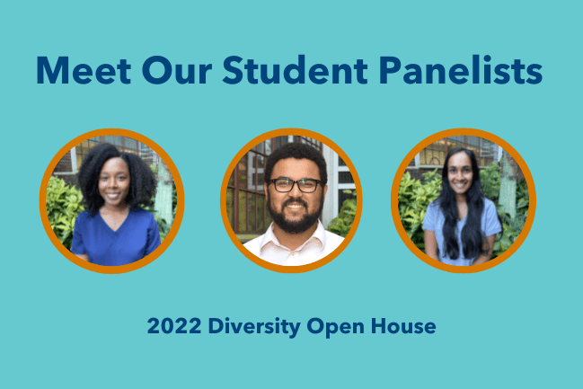Meet Our Panelists over blue background, three student photos