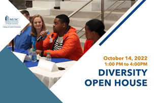 MUSC CHP logo, diverse panel of students sitting at a table answering questions, October 14, 2022, 1:00 PM to 4:00 PM, Diversity Open House