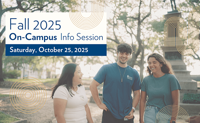 3 college kids outside laughing with text overlay "Fall 2025 on-campus info session"